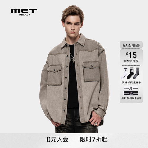 MET initaly美式复古做旧牛仔外套男冬季新款工装夹克翻领上衣