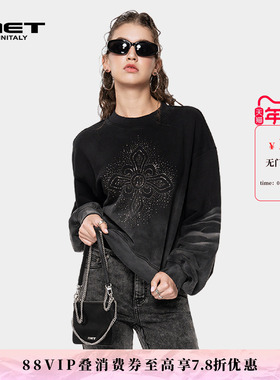 MET initaly麦特黑色渐变长袖T恤女潮牌烫钻印花圆领上衣酷帅风