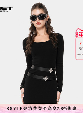 MET initaly轻熟御姐风黑色长袖连衣裙女收腰修身装饰设计感裙子