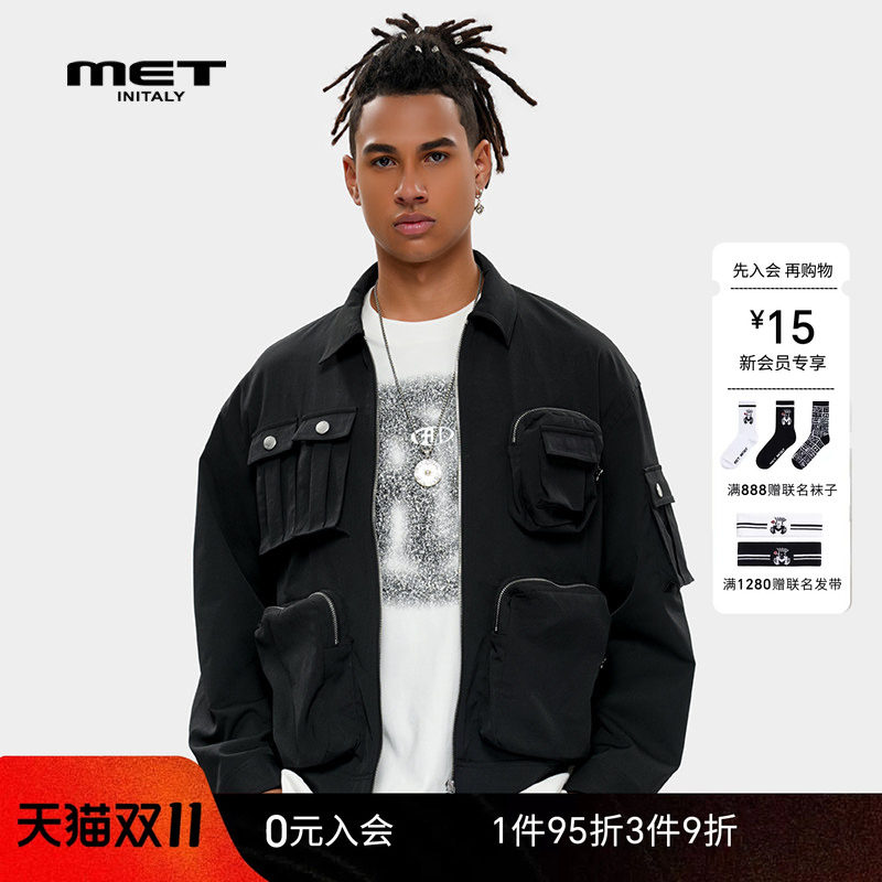MET initaly麦特拼接美式复古工装夹克夏季新款黑色正肩外套