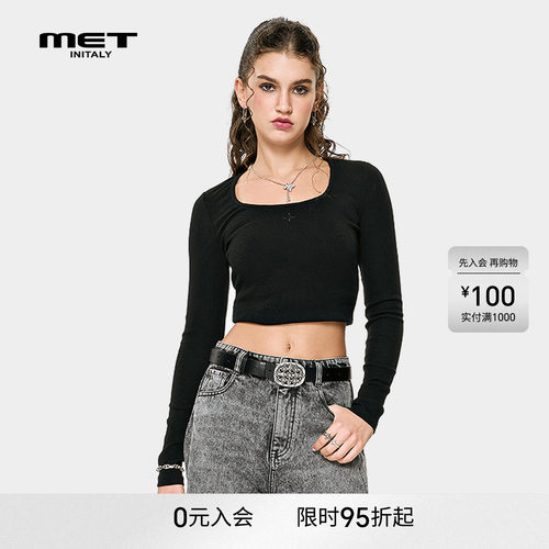MET initaly酷辣风黑色长袖短款T恤女修身大U领紧身上衣辣妹风