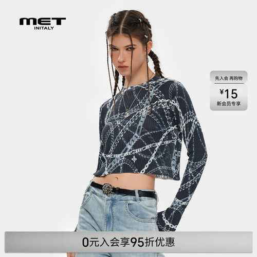 MET initaly麦特潮牌扎染针织长袖女夏季新款流行街头风短上衣