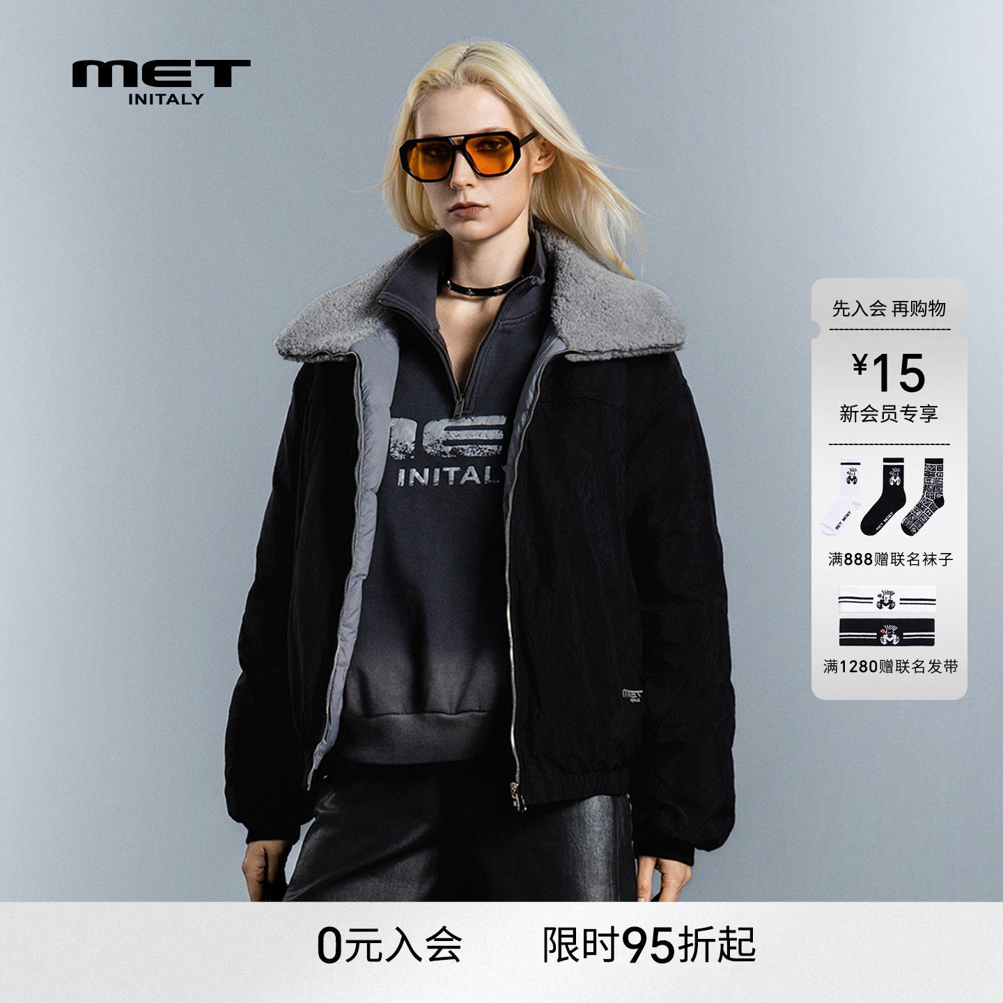 MET initaly美式翻毛领短款羽绒服男女同款加厚保暖正反两穿外套