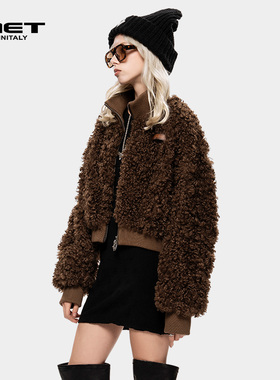 MET initaly美式复古短款毛毛外套女冬季慵懒感咖色立领毛呢外套