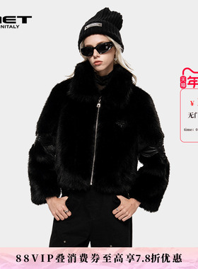 MET initaly麦特美式黑色短外套女冬季新款翻领拉链保暖毛绒夹克