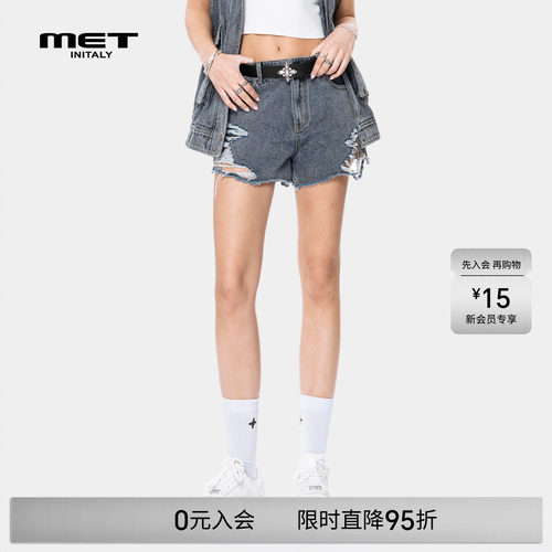 MET initaly早春美式酷辣风高腰破洞牛仔短裤女宽松显瘦毛边裤子