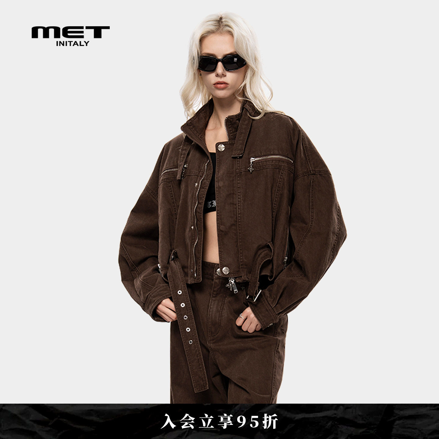 MET initaly复古工装风短款机车风牛仔外套女秋冬宽松休闲夹克