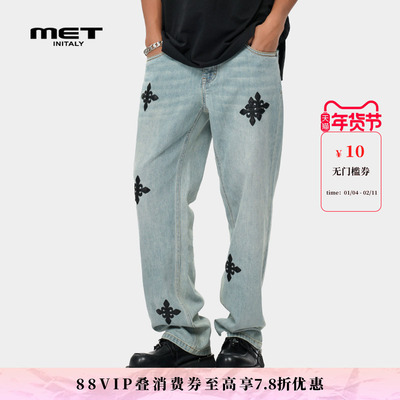 MET initaly麦特美式复古风高腰印花牛仔裤夏季新款潮牌裤子男