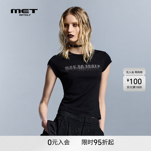 MET initaly夏季字母印花短袖T恤女黑色圆领修身短款上衣简约百搭