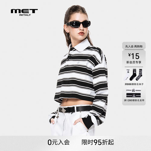 MET initaly麦特复古条纹风长袖短款polo衫女慵懒风撞色T恤上衣