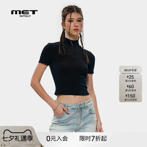 MET initaly复古潮牌黑色短袖T恤女夏季新款简约休闲上衣