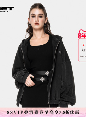 MET initaly美式复古连帽短外套女宽松廓形拉链开衫黑色高级感