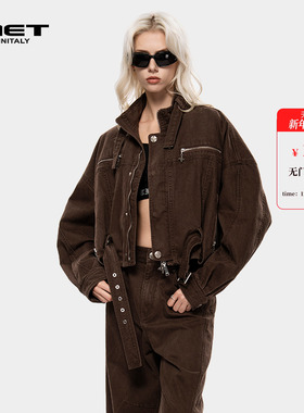 MET initaly复古工装风短款机车风牛仔外套女秋冬宽松休闲夹克