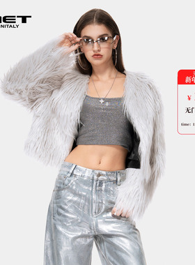 MET initaly时尚毛绒短外套女春季新款气质V领白色毛毛大衣保暖
