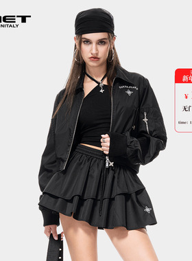 MET initaly美式复古运动风短外套女黑色拉链夹克百搭显瘦休闲