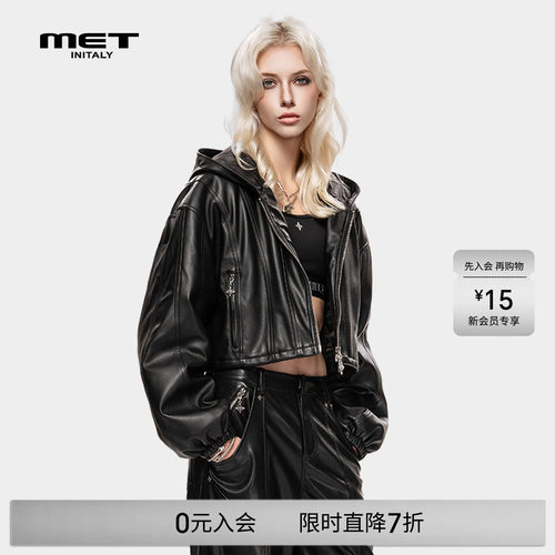 MET initaly冬季新款休闲风连帽短款潮酷皮衣女夹克黑色拉链外套