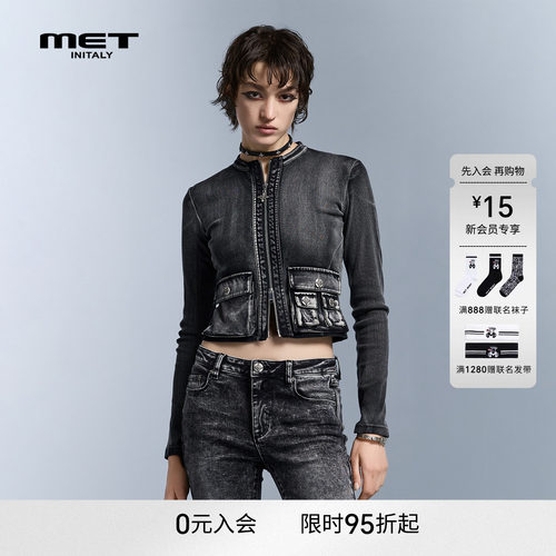 MET initaly早春机车风立领拉链牛仔短外套女修身做旧夹克上衣
