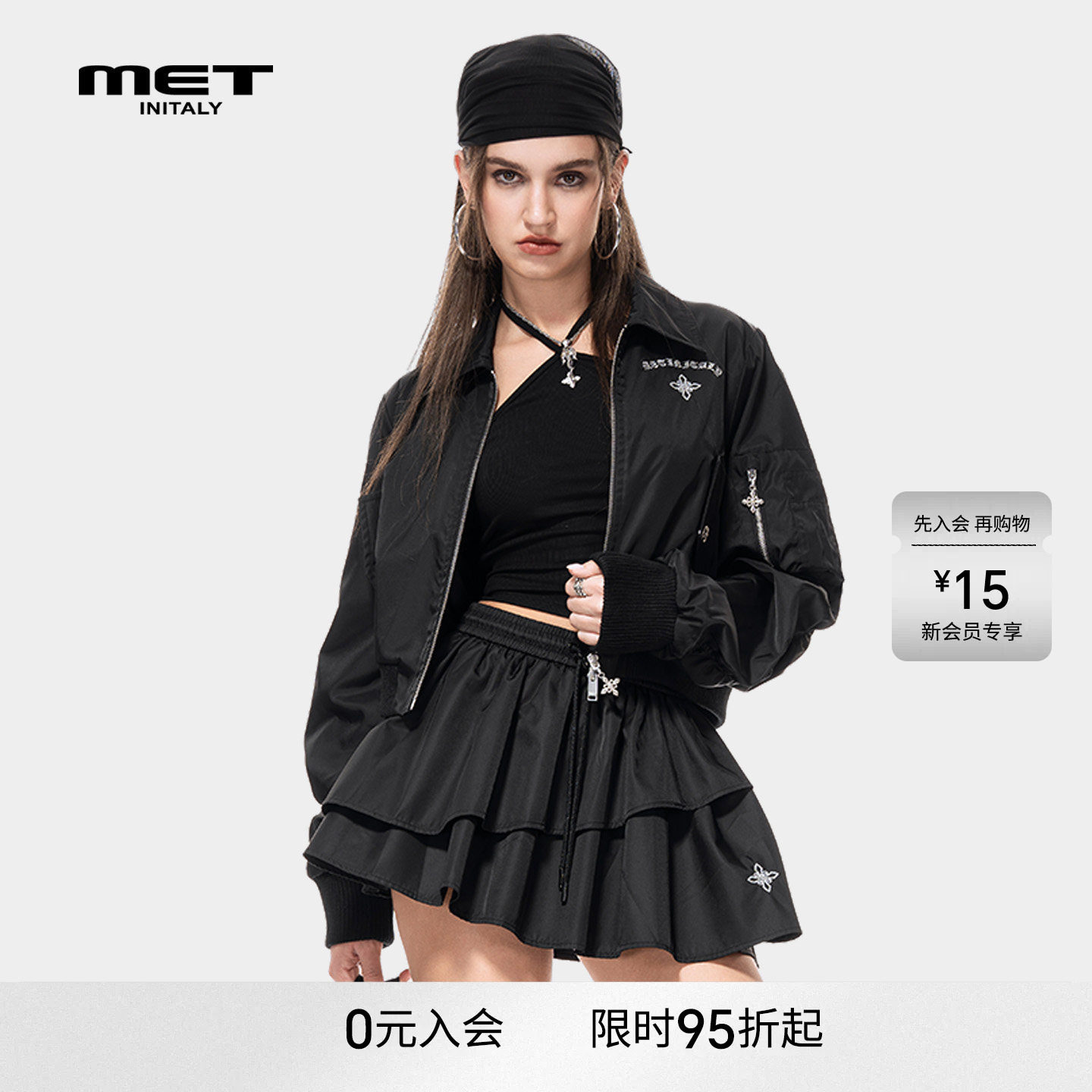 MET initaly美式复古运动风短外套女黑色拉链夹克百搭显瘦休闲