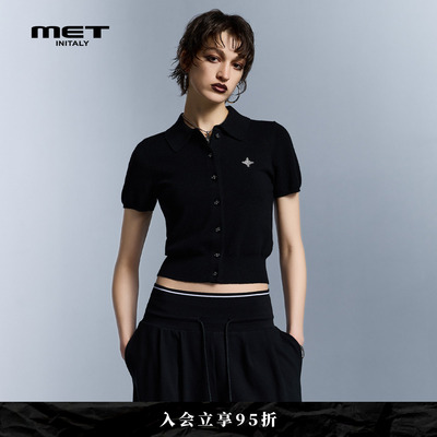 MET initaly翻领短袖针织开衫女早春新款学院风纽扣T恤上衣修身