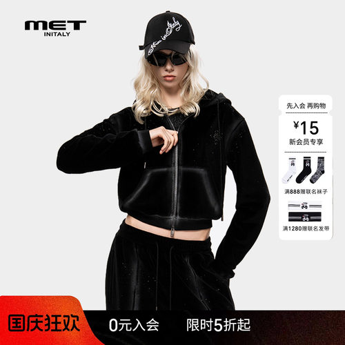 MET initaly麦特复古连帽丝绒拉链外套女早春新款长袖卫衣
