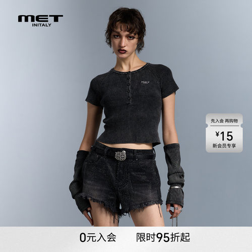 MET initaly黑色短袖女早春新款T恤修身显瘦辣妹风短款上衣打底衫