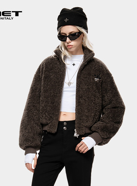 MET initaly麦特美式复古短外套女冬季立领加厚保暖毛绒外套