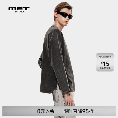 MET initaly早春美式复古做旧长袖T恤男潮牌宽松圆领上衣女休闲风