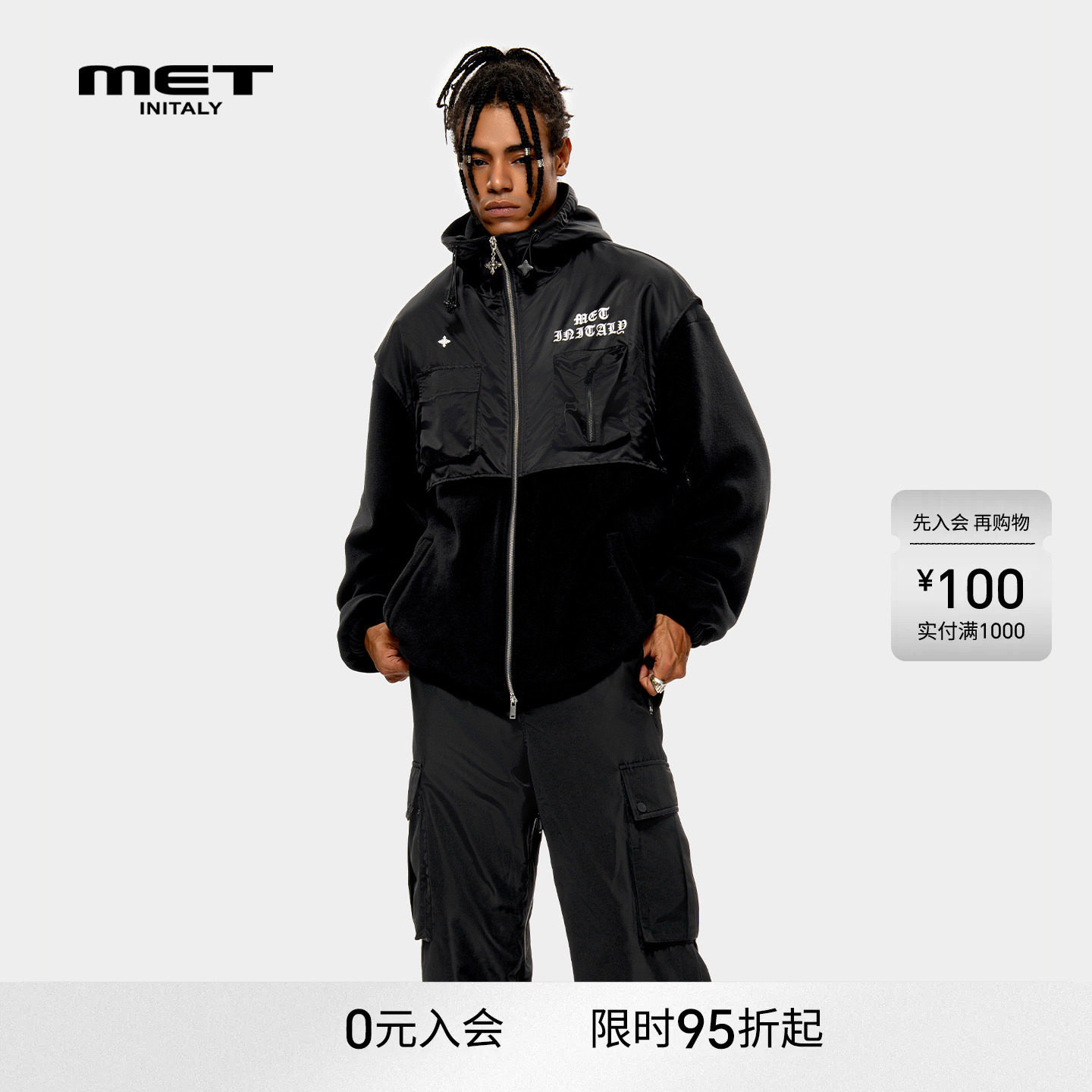 MET initaly黑色连帽拉链夹克男冬季新款宽松机能风潮流外套