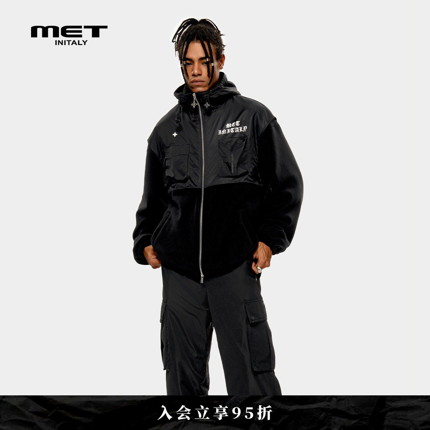MET initaly黑色连帽拉链夹克男冬季新款宽松机能风潮流外套