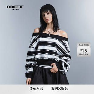MET initaly设计感一字领露肩条纹长袖T恤女黑白条纹休闲上衣