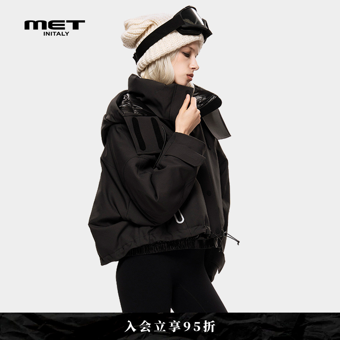 MET initaly麦特酷感连帽短款羽绒服女早春新款黑色户外防寒外套