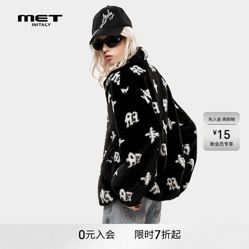 MET initaly美式哥特风满印字母开衫女冬季新款短外套拉链潮牌