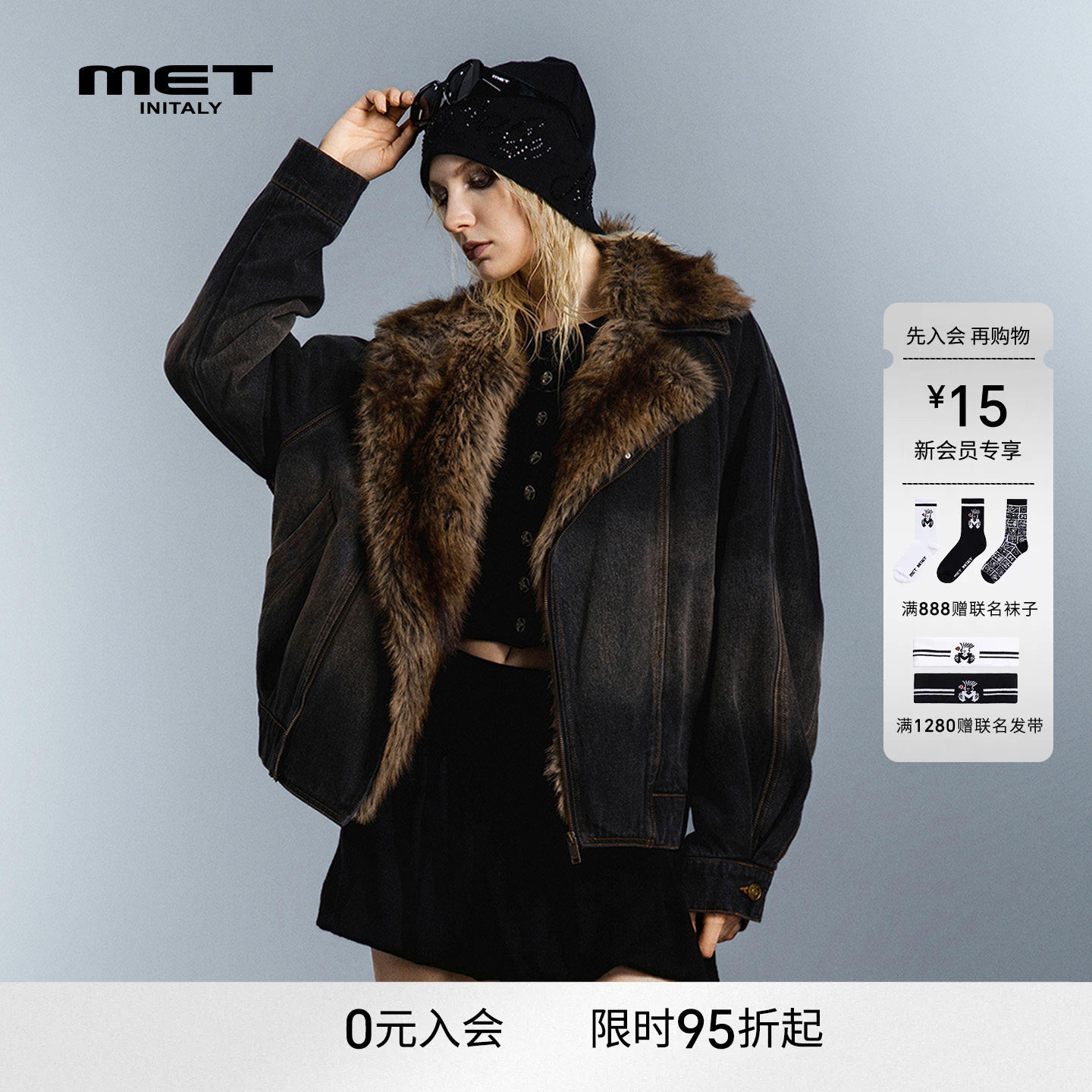 MET initaly美式复古可拆卸大毛领牛仔棉服女冬季加厚保暖外套