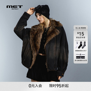 MET initaly美式复古可拆卸大毛领牛仔棉服女冬季加厚保暖外套
