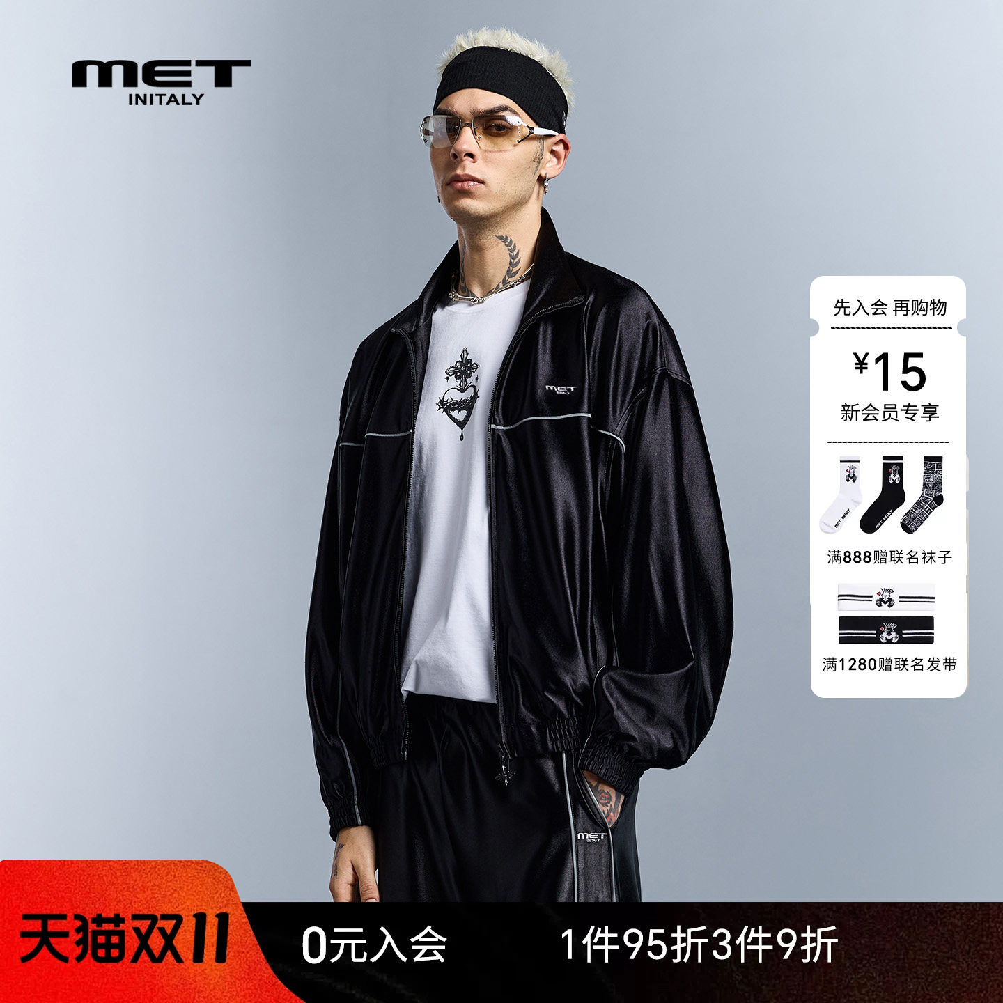 MET initaly早春简约运动风黑色立领夹克男潮流拉链外套高级感
