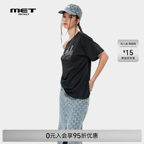 MET initaly麦特夏季新款字母印花潮牌斜肩短袖T恤休闲百搭上衣女