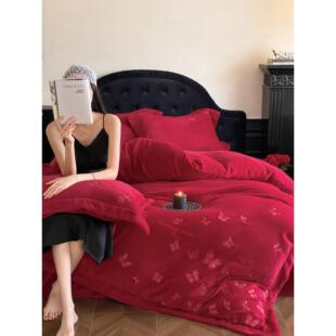 冬季加厚牛奶绒婚庆四件套蝴蝶刺绣珊瑚绒红色结婚被套床单床笠