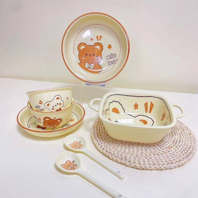 【hello熊】卡通萌趣可爱熊7件套釉下彩碗盘勺陶瓷餐具少女心奶呼