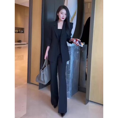 黑色西装套装女炸街显瘦气质韩版新款洋气西服微喇裤2024春季上衣
