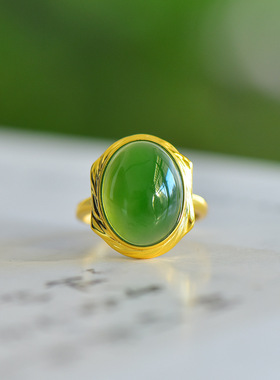925银和田玉碧玉蛋形戒指22273百搭气质款复古轻奢民族风国风