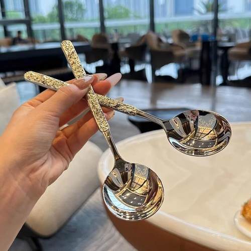 【2支】SUS304不锈钢韩式长柄冰裂纹圆勺高颜值镜面抛光吃饭喝汤