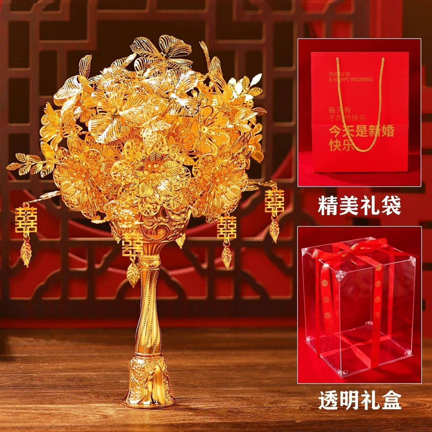金色手捧花中式手捧花新娘结婚高级礼物婚礼DIY金色结婚凤冠闺蜜