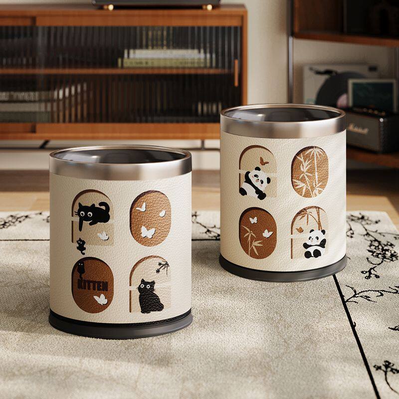 垃圾桶卧室床边中古风卡通熊猫垃圾桶家用卫生间客厅卧室高颜值皮