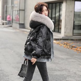 新款羽绒棉服女2023冬高端大牌亮面免洗牛仔配色保暖加厚时尚外套