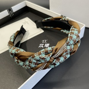 绿色千鸟格水钻30-40岁发箍显脸小麻花辫头箍带齿高颅洗脸发卡箍