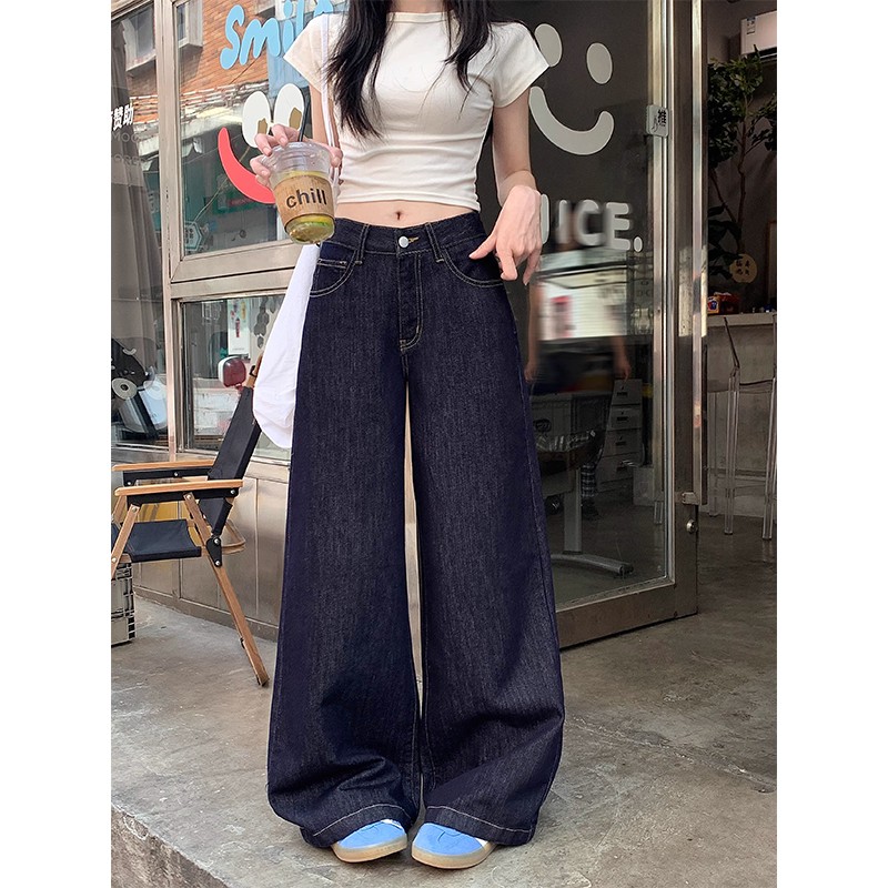 【不掉色+运费险】美式复古水洗深蓝色牛仔裤女高腰宽松阔腿拖地