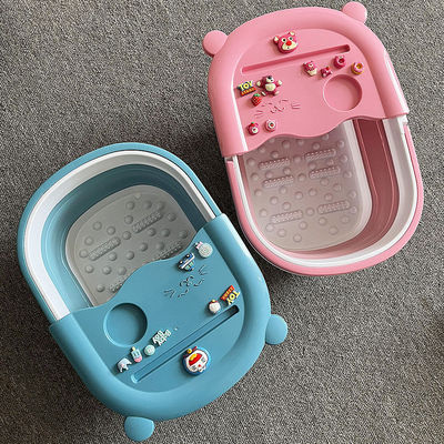 小朋友泡脚桶卡通可爱儿童塑料可折叠泡脚桶加高深桶家用带盖按摩