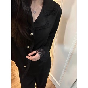 黑色纯欲蕾丝拼接冰丝睡衣女带胸垫春夏季 2025新款 家居服大码 套装