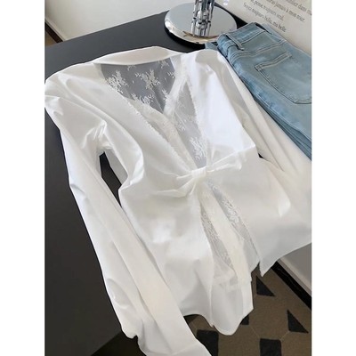 法式气质蕾丝拼接长袖衬衫女修身设计感小众洋气扭结别致露背上衣