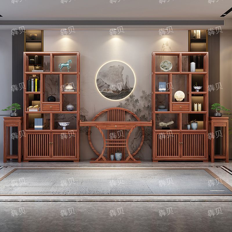 博古架实木多宝阁新中式茶室置物架办公室展示架隔断玄关柜三件套